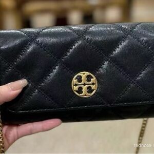 Tory Burch Black Quilted Leather Crossbody with Gold Logo